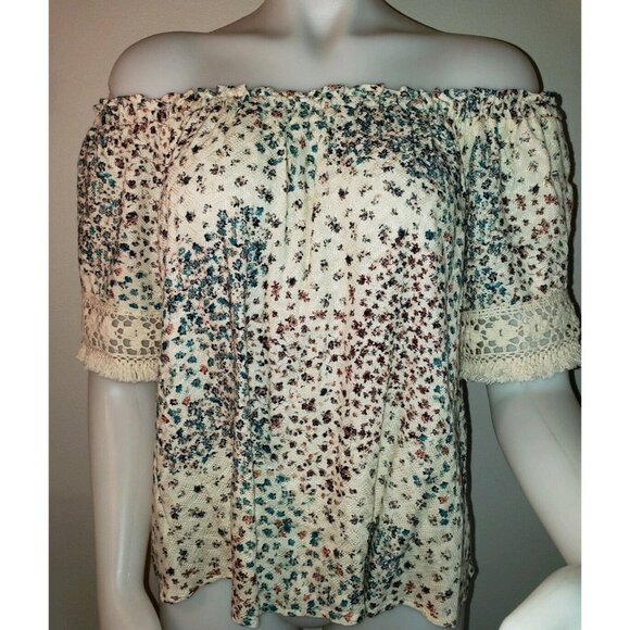 HIP Boho Top Womens L Crochet Fringe Trim Off Shoulder Sheer Floral Blouse - Picture 2 of 12